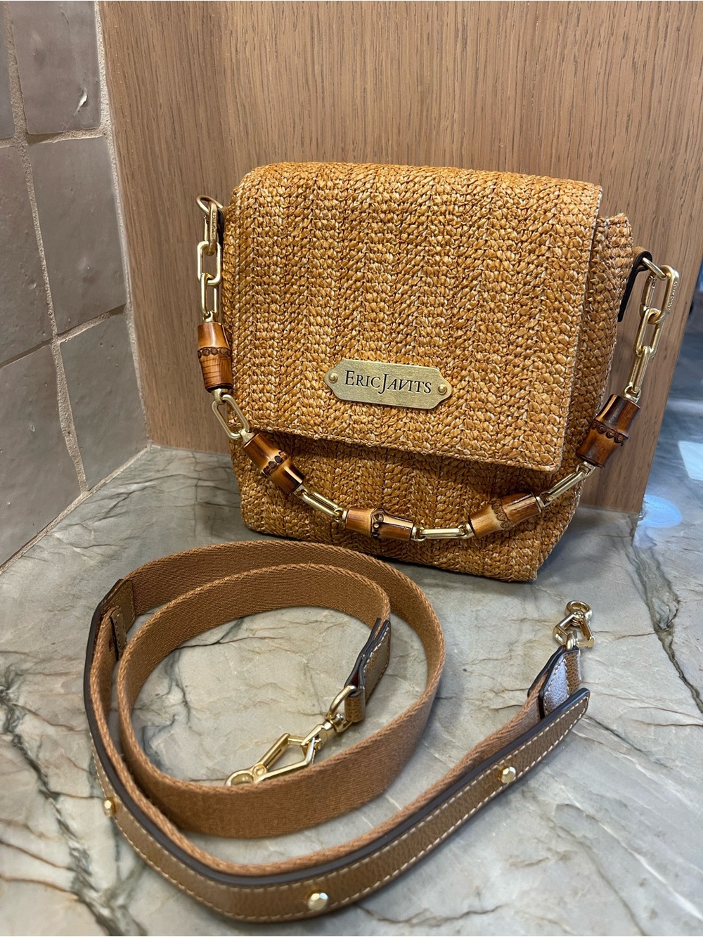 Eric Javits Portofino Woven Raffia Bamboo Crossbody Bag